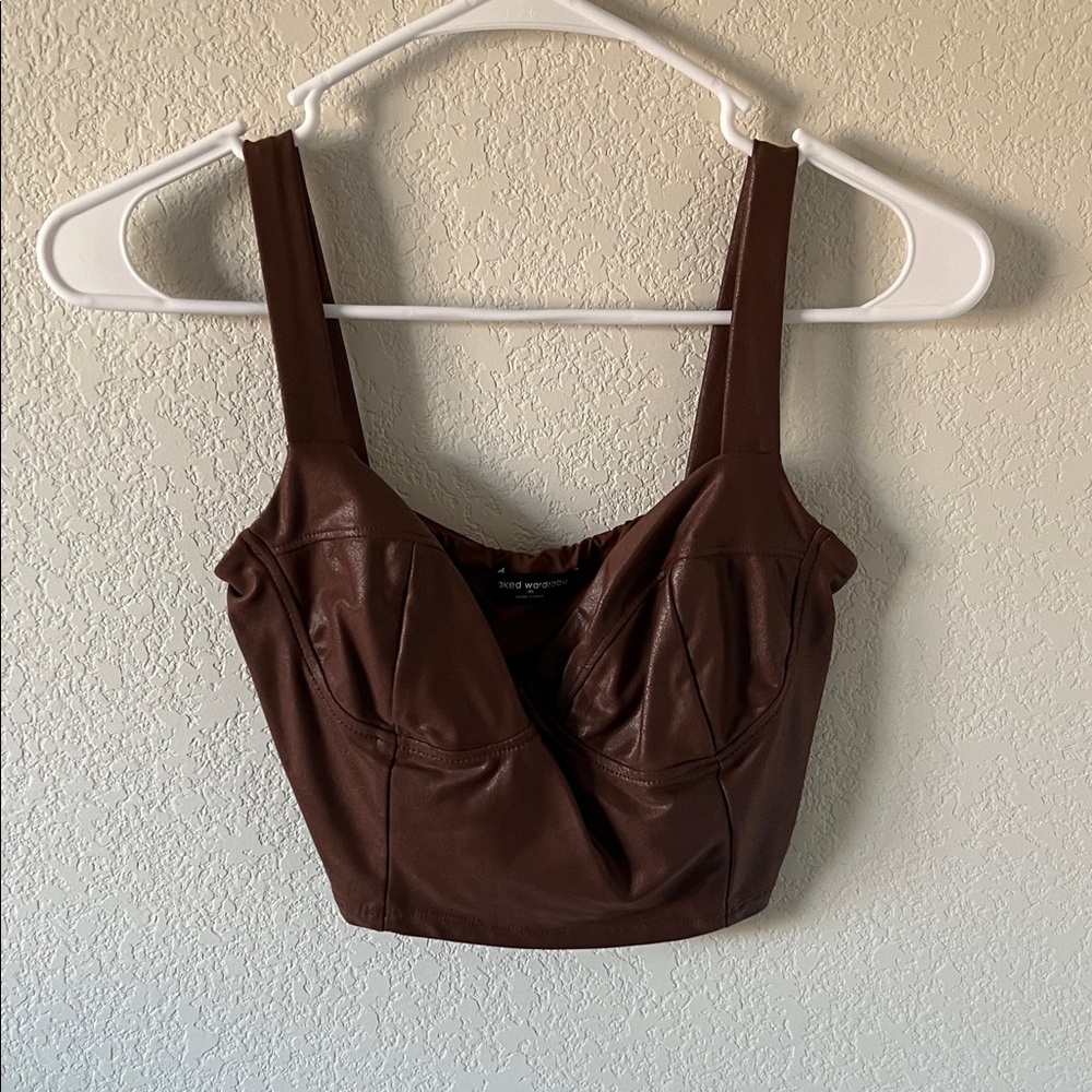 Naked Wardrobe Chocolate Faux Leather Crop Top